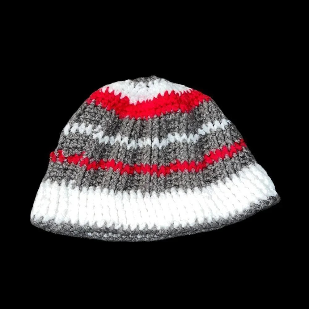 Handmade child’s‎ knit stocking cap in Ohio State University’s Scarlet and Grey